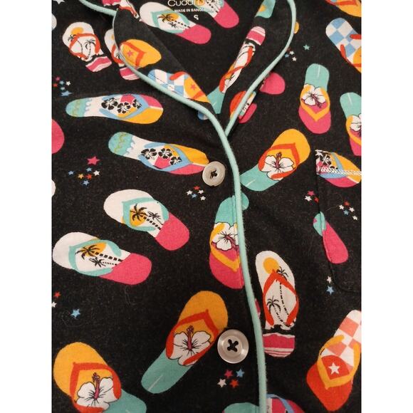 Cuddl Duds Pajama Top Shorts Set Womens Sz S Black Tropical Flip Flops Floral - Picture 3 of 12